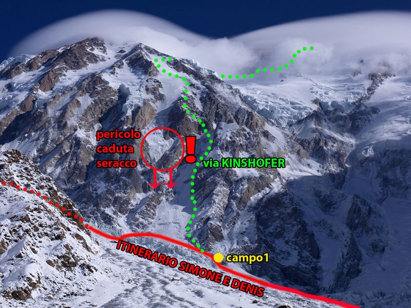 The line taken by Simone Moro and Denis Urubko on 12/01/2012 to establish Camp 1 during the winter attempt up the Diamir Face, Nanga Parbat.