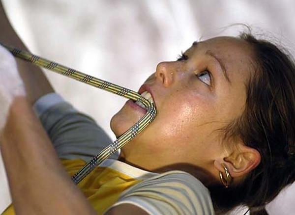 French climber Caroline Ciavaldini competing at Kranj in 2005