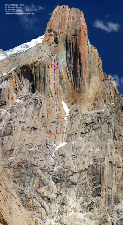 Great Trango Tower - The line of the new Ukranian - Russian route up the NW Face of Great Trango Tower.