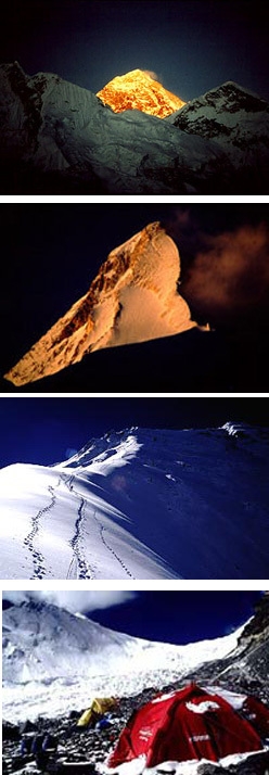 Everest - Foto 1: La piramide dell'Everest dal versante Sud. Foto 2: Il Khan Tengri (m. 7.010). Foto 3: A 8000 mt, sulla Cresta Nord dell'Everest. 4: Campo base avanzato all'Everest versante Nord