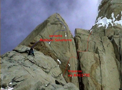 Compressor Route - Cerro Torre - The line of ascent taken by the Salvaterra-Mabboni variation and the Maestri traverse on the Compressor route, Cerro Torre, Patagonia