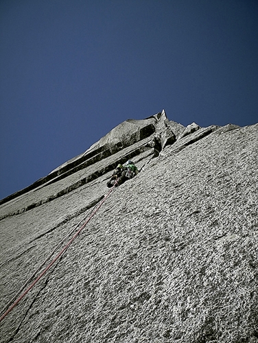 Cochamo Valley - Der Grantler (230m, 6b) established in February 2011 by German climbers Frank Kretschmann and Mario Gliemann up Cerro Trinidad Sur in the Cochamo Valley, Chile.