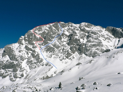 Sébastien de Sainte Marie - Dent Doche South Face. The new descent in red, the S Face direct in blue.