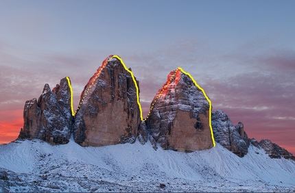 Tre Cime di Lavaredo - The line chosen by Simon Gietl and Roger Schäli for the first winter traverse of the Tre Cime di Lavaredo, Dolomites carried out on  15-16/03/2012.