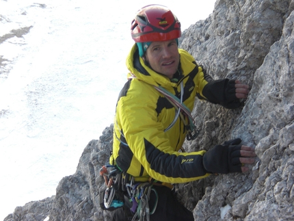 Tre Cime di Lavaredo - Roger Schäli making the first winter traverse of the Tre Cime di Lavaredo, Dolomites.