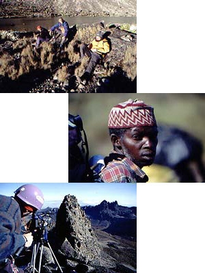 Monte Kenya - Sopra: Alle pendici del Monte Kenya. In mezzo: Portatori. Sotto: Sulla vetta del Nelion, una delle due vette gemelle del M.te Kenya