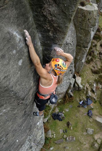 Lucy Creamer climbs E8 at Curbar, Peak District
