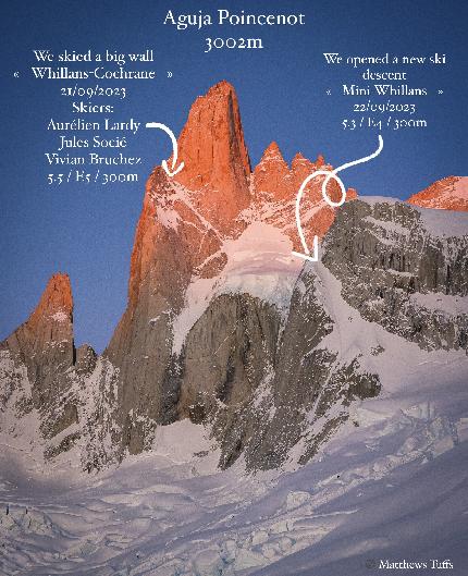 Whillans ramp on Aguja Poincenot in Patagonia skied by Vivian Bruchez, Aurélien Lardy, Jules Socié