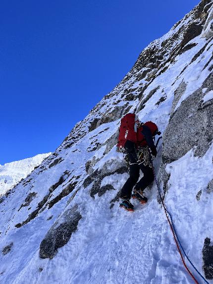 Chobutse, Nepal, Wadim Jabłoński, Maciej Kimel - Wadim Jabłoński and Maciej Kimel making the first ascent of 'Just Breathe' (M5 VI4 R/X 1600m) on Chobutse, Nepal (14-18/10/2023)