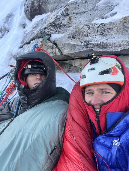 Chobutse, Nepal, Wadim Jabłoński, Maciej Kimel - Wadim Jabłoński and Maciej Kimel at the first bivouac while making the first ascent of 'Just Breathe' (M5 VI4 R/X 1600m) on Chobutse, Nepal (14-18/10/2023)