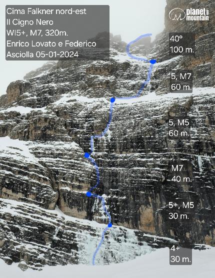 Cima Falkner, Brenta Dolomites, Federico Asciolla, Enrico Lovato - The topo of 'Il Cigno Nero' on Cima Falkner in the Brenta Dolomites (Federico Asciolla, Enrico Lovato 05/01/2024)