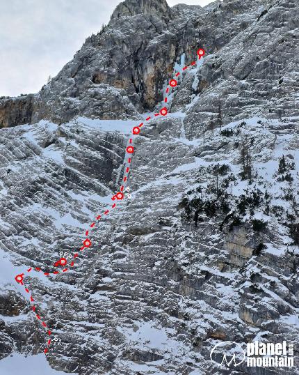 Monte Taburlo, Dolomites, Davide Cassol, Riccardo Da Canal, Luca Vallata - The topo of 'Gitanes bleu' on Monte Taburlo in the Dolomites (Davide Cassol, Riccardo Da Canal, Luca Vallata 21/01/2024)