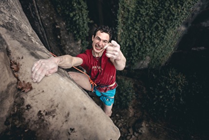Adam Ondra Bon Voyage - Adam Ondra making the first repeat of 'Bon Voyage' (E12/9a) at Annot in France, February 2024