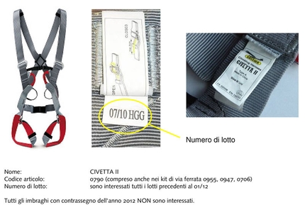 Recall of all Civetta II Full-Body Harnesses and Vertigo 400 Alpindonna Climbing Harnesses