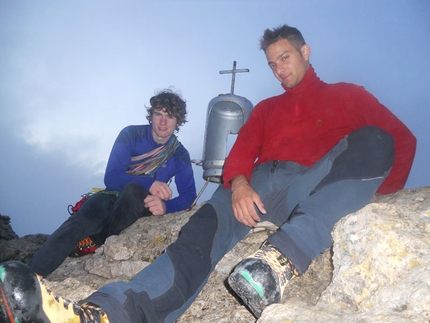 Pilastro Parmenide - Cima dell'Auta Orientale, Dolomites - Stefano Valsecchi and Giorgio Travaglia on the summit of Pilastro Parmenide