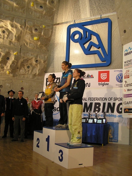 Lead World Cup 2012 - Kranj - The feamle podium of the Lead World Cup 2012. From left to right: Jain Kim, Mina Markovic, Johanna Ernst