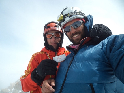 Patagonia - Corrado Pesce and Andrea Di Donato on the summit of Fitz Roy after having climbed Supercanaleta.