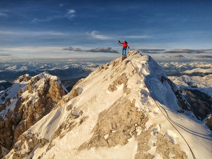 La Legrima, North Face of Sassolungo, Dolomites - The summit of Sassolungo after having established La Legrima, North Face of Sassolungo, Dolomites (Adam Holzknecht and Hubert Moroder)
