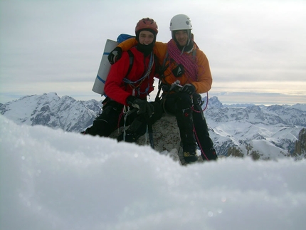Pilastro Magno, Sassolungo, first winter ascent - Francesco Milani and Giorgio Travaglia on the summit of Sassolungo after the first winter ascent of Pilastro Magno