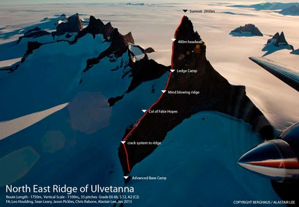 Ulvetanna, Antartide - La cresta Nordest di Ulvetanna (2931m) in Antartide, salita per la prima volta da Leo Houlding, Sean Leary, Alastair Lee, Jason Pickles, Chris Rabone e David Reeves nel gennaio 2013.