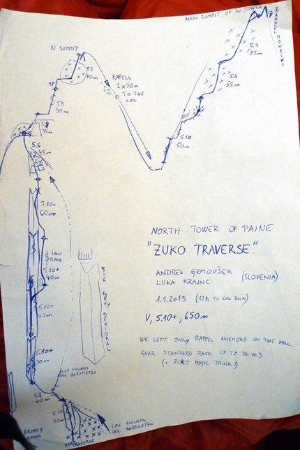 Torri del Paine - Zuko traverse (V 5.10+, 650m) Torre Norte, Torri del Paine, Patagonia aperta il 01/01/2013 da Andrej Grmovšek e Luka Krajnc