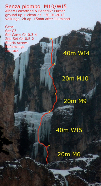 Senza Piombo - Senza Piombo (M10 WI 5, 140m, 27 + 30/01/2013, Albert Leichtfried, Benedikt Purner) Val Lunga, Dolomiti