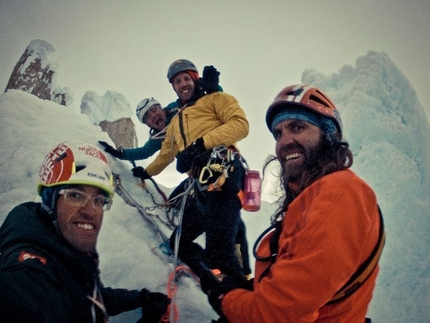 Patagonia - Hansjörg Auer - Hansjörg Auer, Thomas Huber, Much Mayr, Mario Walder on the summit of Cerro Standhardt. The weather was still good, but things were about to change...