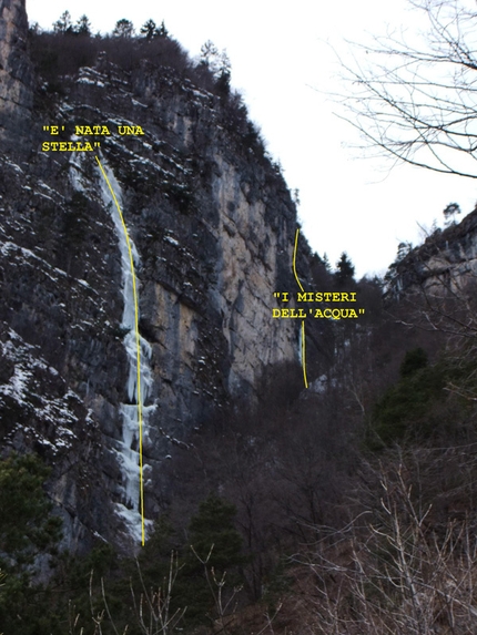 Cascate di ghiaccio, Val Daone Val di Ledro - I misteri dell'acqua, Cima Corda - Val di Ledro (100m, WI4+ M4, Giorgio Tameni, Luca Tamburini 07/02/2013)