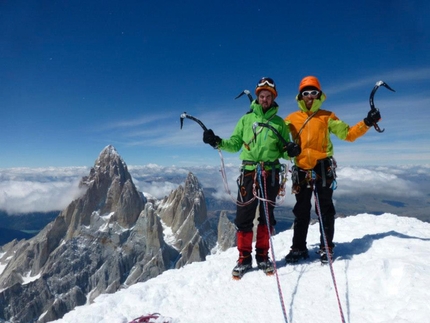 Cerro Torre, Patagonia - Stephane Hanssens and Sean Villanueva O’Driscoll on the summit of Cerro Torre.