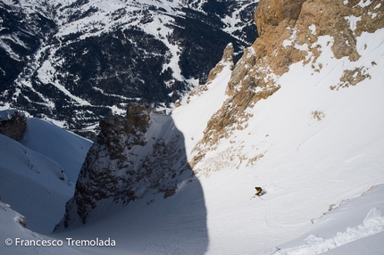 Piz Lavarella, Dolomites - Francesco Tremolada and Andrea Oberbacher making the first ski descent of the West Face of Piz Lavarella, Dolomites, on 10/04/2013.