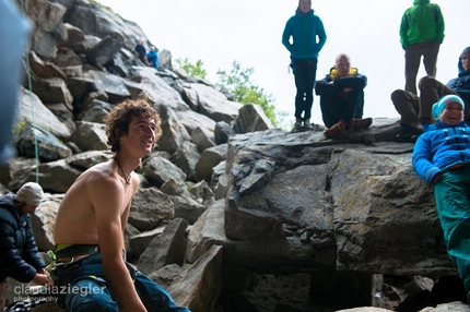 Adam Ondra - Adam Ondra after having made the first ascent of Move 9b/+ at the Hanshelleren cave in Flatanger, Norway (08/2013)
