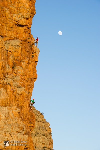 Mount Arapiles, Australia - Andrew Trotter and Sarah Osborne, on the classic multi-pitch Checkmate (17), Mount Arapiles, Victoria, Australia.