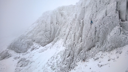 Greg Boswell - Greg Boswell, belayed by Douglass Russell, on Saturday 7 December 2013 during the first winter ascent of The Demon IX, 9 at Coire an Lochain, Northern Corries, Scotland.