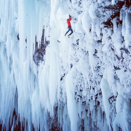 Helmcken Falls, Canada - Tim Emmett during the first ascent of Clash of Titans WI10+, Helmcken Falls, Canada