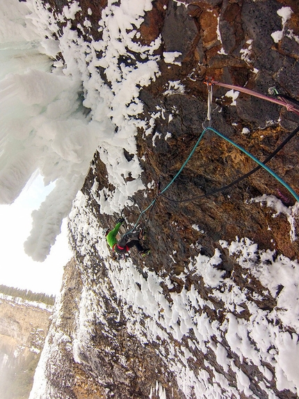 Helmcken Falls, Canada - Klemen Premrl climbing the 6th pitch of Overhead Hazard