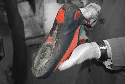 The art of resoling a climbing shoes - At this point the climbing shoe looks something like this.