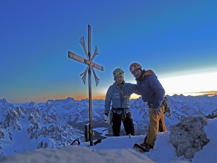 Tre Cime di Lavaredo, Dolomites - Ueli Steck & Michi Wohlleben on the summit of Cima Grande having climbed the Comici route