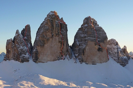 Tre Cime di Lavaredo, Dolomites - From right to left the three routes climbed by Ueli Steck & Michi Wohlleben on 17/03/2014 in circa 16 hours: first the Cassin route up Cima Ovest, then Via Comici up Cima Grande, followed by the Innerkofler route up Cima Piccola.