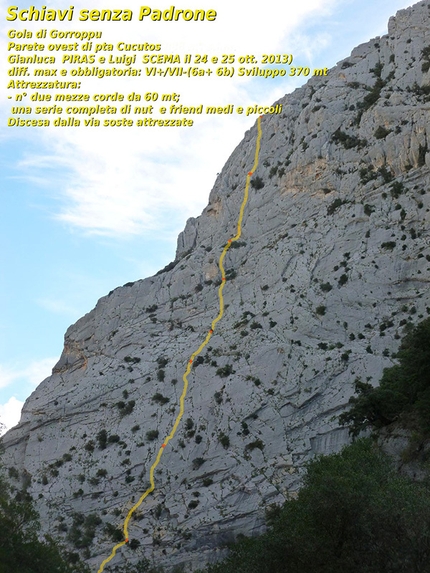 Arrampicata in Sardegna: Supramonte - Schiavi senza Padrone, (VI+/VII-, 370m, Gianluca Piras, Luigi Scema 24-25/10/2013) Punta Cucuttos, Parete Ovest, Gola di Gororroppu