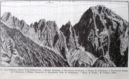A Don Buzzetti, 80 anni dopo - A destra il versante Nord del Pizzo di Prata con la via Buzzetti (1e) e la via Ielmi - Mezzera (1d).