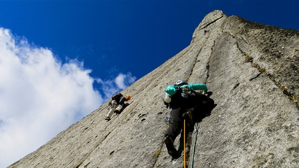 Tad Mccrea - Headwall of the Lotus Flower Tower with Whitney Clark and Logan Fusso climbing.