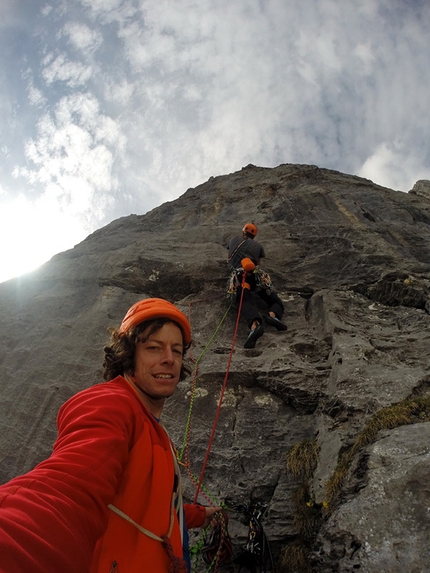 Wenden - Good rock on the starting pedestal: Silvan Schüpbach & Luca Schiera making the first ascent of El Gordo (6c/7a, 450m) on Wendenstöcke, Switzerland
