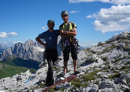 Lastoni di Formin, Dolomites - Maurizio Bergamo and Ferruccio Svaluto Moreolo having made the first ascent of Spigolo Anja (VII, 200m 07/2013) Bastione del Mondeval, Lastoni di Formin, Dolomites