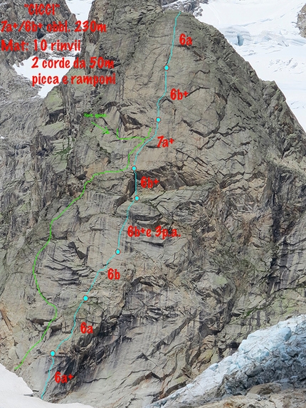 Cicci, Val Ferret, Monte Bianco - Cicci (7a+, 230m, François Cazzanelli, Marco Bernardi, Marco Farina 06/2014), Val Ferret, Monte Bianco.