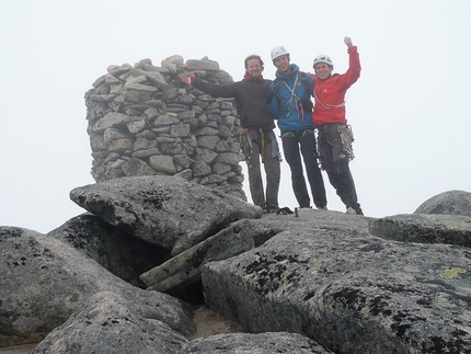 Blamannen, Norway - Daniel Hallgren, Thomas Meling and Espen Jensen on the summit of Blåmannen after he first free ascent of Ikaros