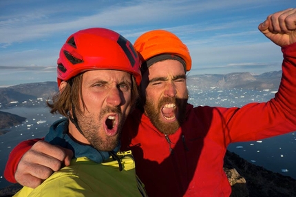 Greenland, Baffin Island - Nicolas Favresse and Sean Villanueva -  first summit shot on this trip... Yeah!!!