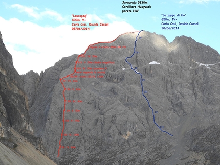 Cordillera Huayhuash, Peru - Carlo Cosi, Davide Cassol - The routes on Jurauraju