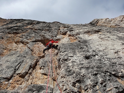 Brenta Dolomites, Brenta Base Camp 2014 - Simone Banal setting off up the 5th pitch of Scintilla (450m, VIII) East Face of Brenta Alta.