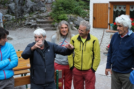 Discover Brenta Dolomites 1864 - 2014 in the footsteps of John Ball - Claudia Mario, Mariano Frizzera, Marco Furlani and Alessandro Gogna at the celebration at Rifugio Croz dell'Altissimo