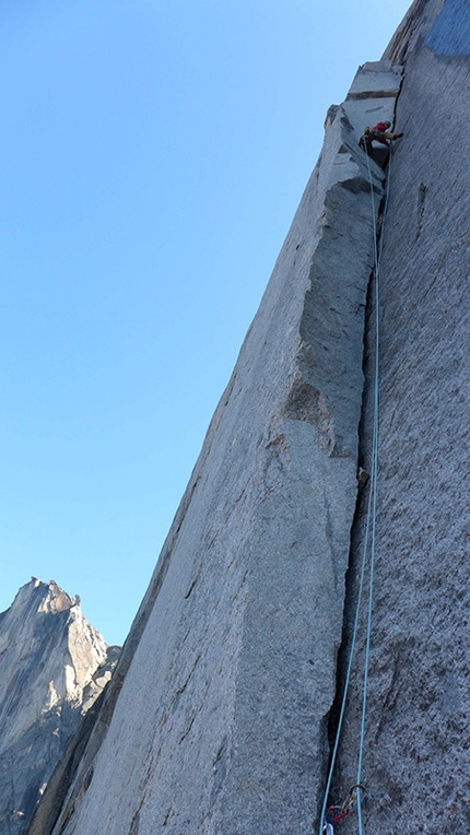 Bilibino, Russia, Chris Warner, Chris Fitzgerald - Basil Brush, pitch 4 we named the split pillar, a hard 6c. Perfect climbing on clean rock!